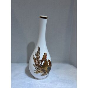 Japanese Vintage Bud Vase Branches & Birds Hand Painted Gold Trim 10" Tall Japan